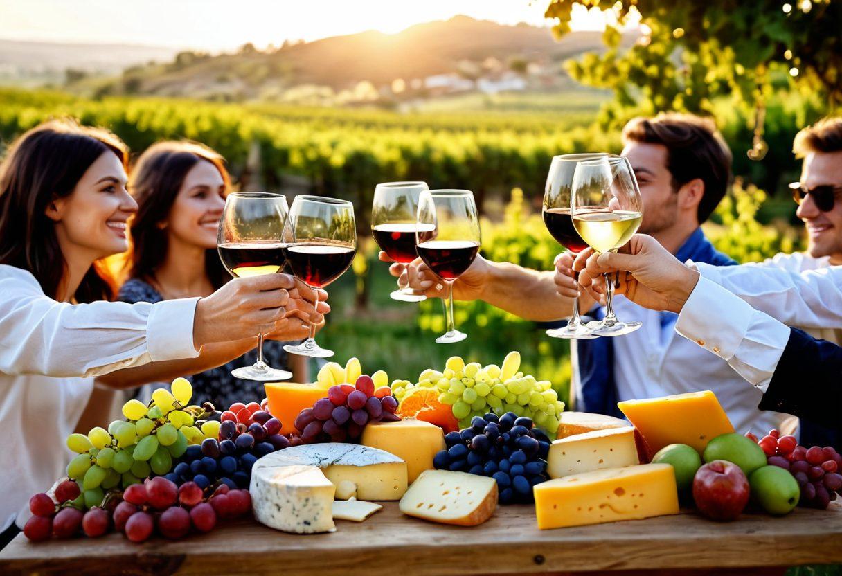 A beautifully arranged wine table set outdoors, surrounded by joyful friends clinking glasses filled with various wines, vibrant vineyards in the background, warm golden sunlight illuminating the scene, scattered cheese and fruits adding a touch of indulgence. super-realistic. vibrant colors. soft focus.
