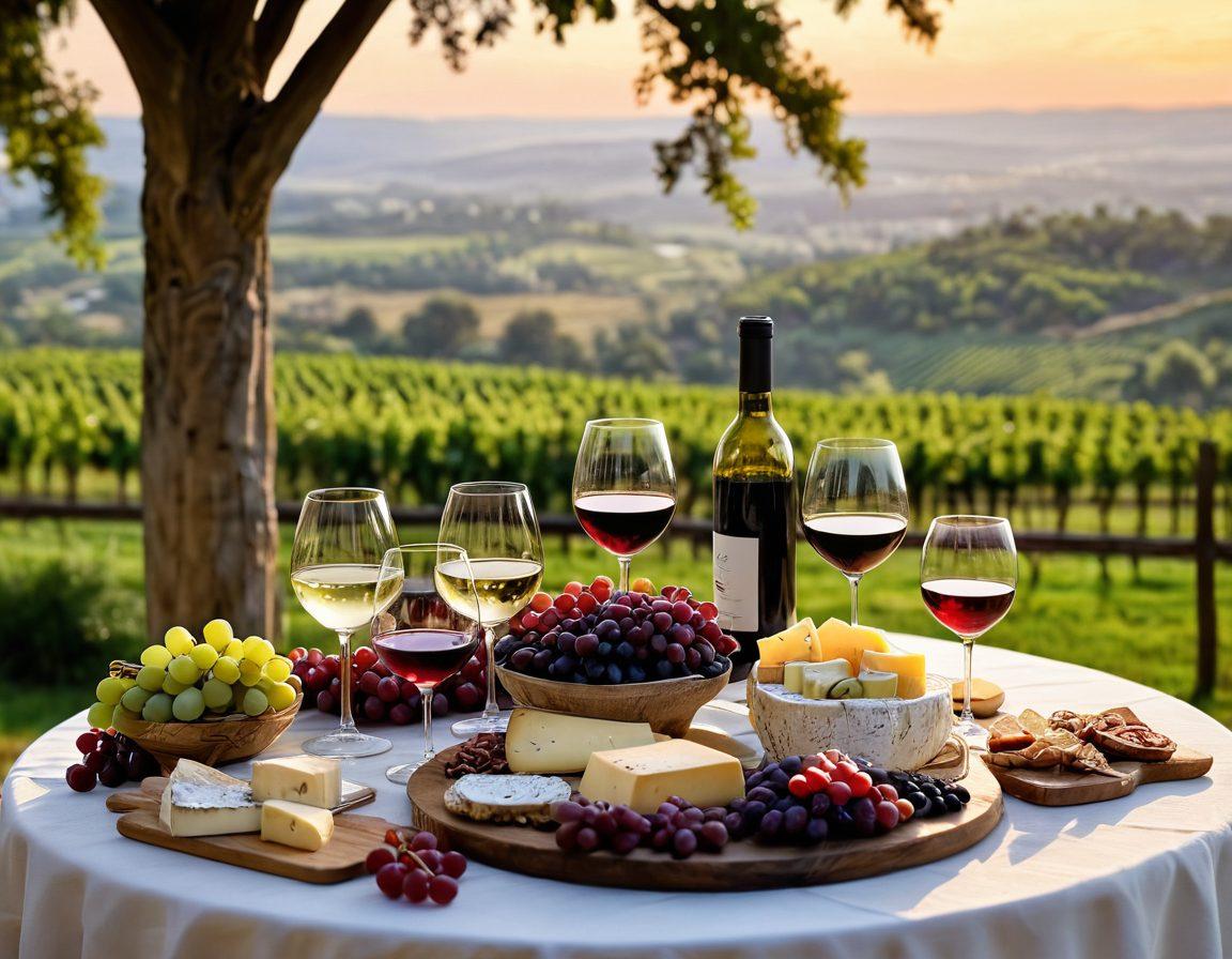 A beautifully set wine tasting table adorned with elegantly arranged wine glasses filled with various shades of red and white wine, surrounded by cheese platters, grapes, and elegant decorations. Warm golden light cascades over the scene, enhancing the rich colors and inviting aura. In the background, soft hints of vineyards under a serene sunset sky. super-realistic. vibrant colors. warm tones.