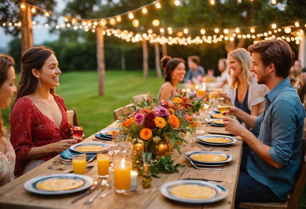 A beautifully arranged table featuring an eclectic mix of gourmet dishes and colorful beverages, with twinkling fairy lights above and vibrant floral centerpieces. The scene captures a joyful gathering of friends laughing and celebrating in an outdoor setting during sunset, radiating warmth and happiness. Exceptional attention to detail in the food presentation and decor enhances the ambiance of togetherness and festivity. vibrant colors. super-realistic. outdoor setting.